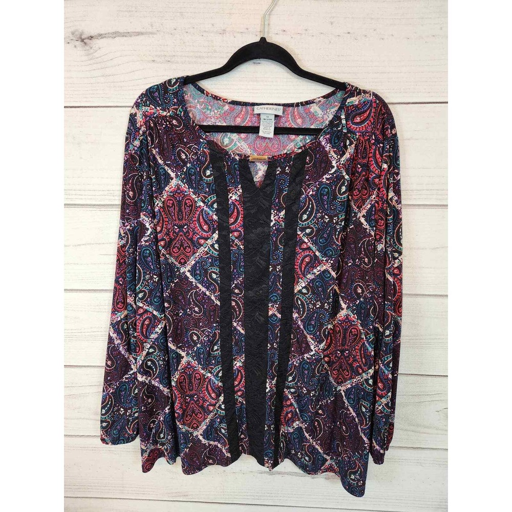 Catherines Plus Size 1X 18 20W Paisley‎ Print Long Sleeve Keyhole Neck Top